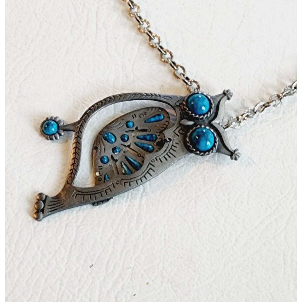 PEWTER  GOLD CROWN INC. OWL NECKLACE WITH FAUX TURQUOISE BLUE PENDANT - Picture 5 of 8
